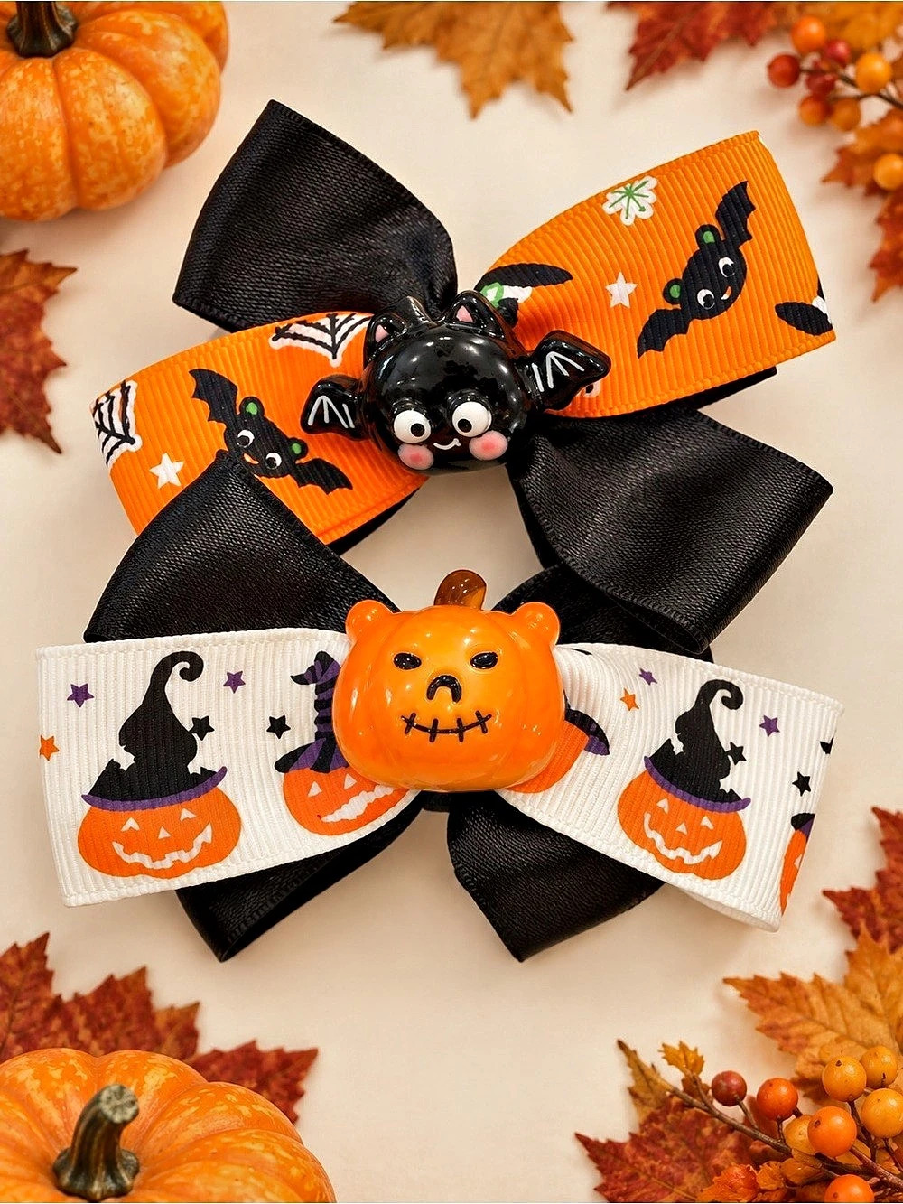 Halloween Bat Pumpkin Hair Bow Set